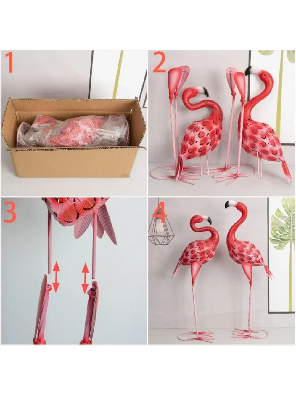Set of 2 Metal Flamingo Garden Statues - Red Yard Art for Outdoor Décor